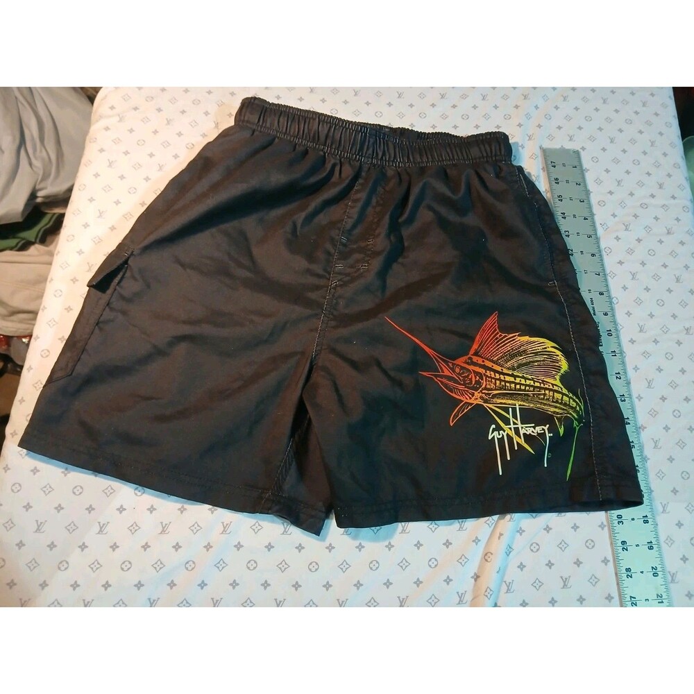 Guy Harvey Blue  Water Black Mens M Medium Swim Shorts Suit Trunks Sailfish Fish